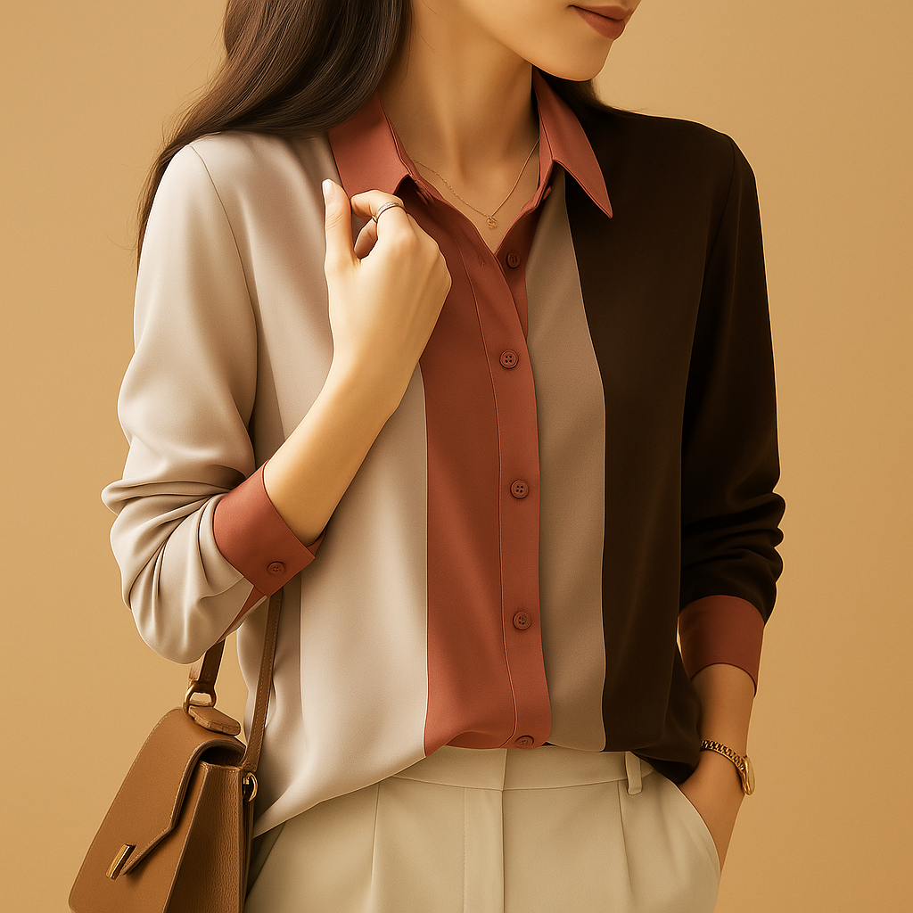 Satijnen damesblouse met patchwork strepen, losvallende pasvorm en klassieke kraag – ideaal voor chique herfstoutfits en werkgelegenheden