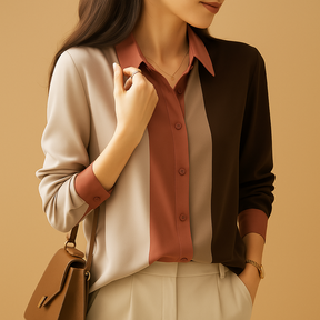 Satijnen damesblouse met patchwork strepen, losvallende pasvorm en klassieke kraag – ideaal voor chique herfstoutfits en werkgelegenheden