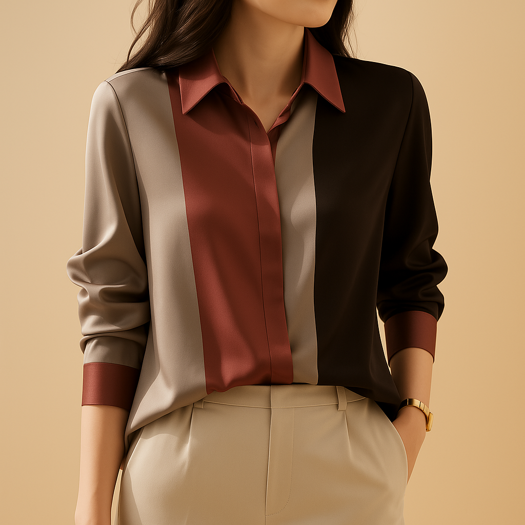 Satijnen damesblouse met patchwork strepen, losvallende pasvorm en klassieke kraag – ideaal voor chique herfstoutfits en werkgelegenheden