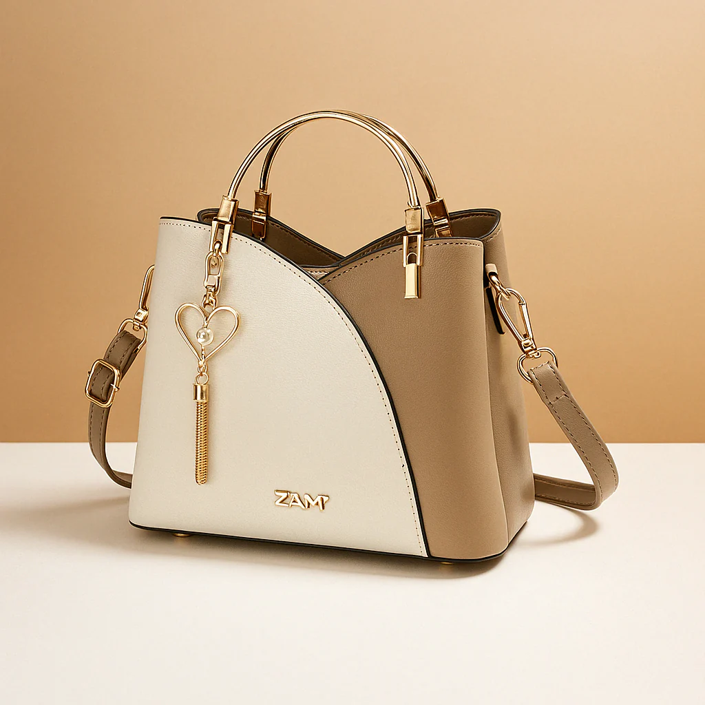 Schoudertas voor dames met geometrisch patroon, metalen accenten en verstelbare draagoptie, geschikt voor dagelijks en formeel gebruik.