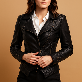 Slim-fit dames jas met gotische details, quilted accenten en zilverkleurige hardware, perfect voor alt fashion en avondlooks.