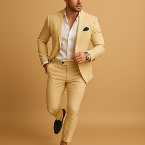 Slim fit herenpak met blazer en pantalon in diverse kleuren, perfect voor bruiloften en formele gelegenheden, met moderne pasvorm.