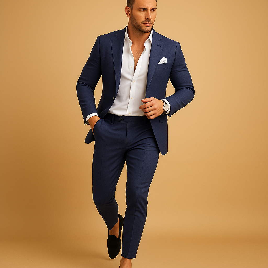 Slim fit herenpak met blazer en pantalon in diverse kleuren, perfect voor bruiloften en formele gelegenheden, met moderne pasvorm.