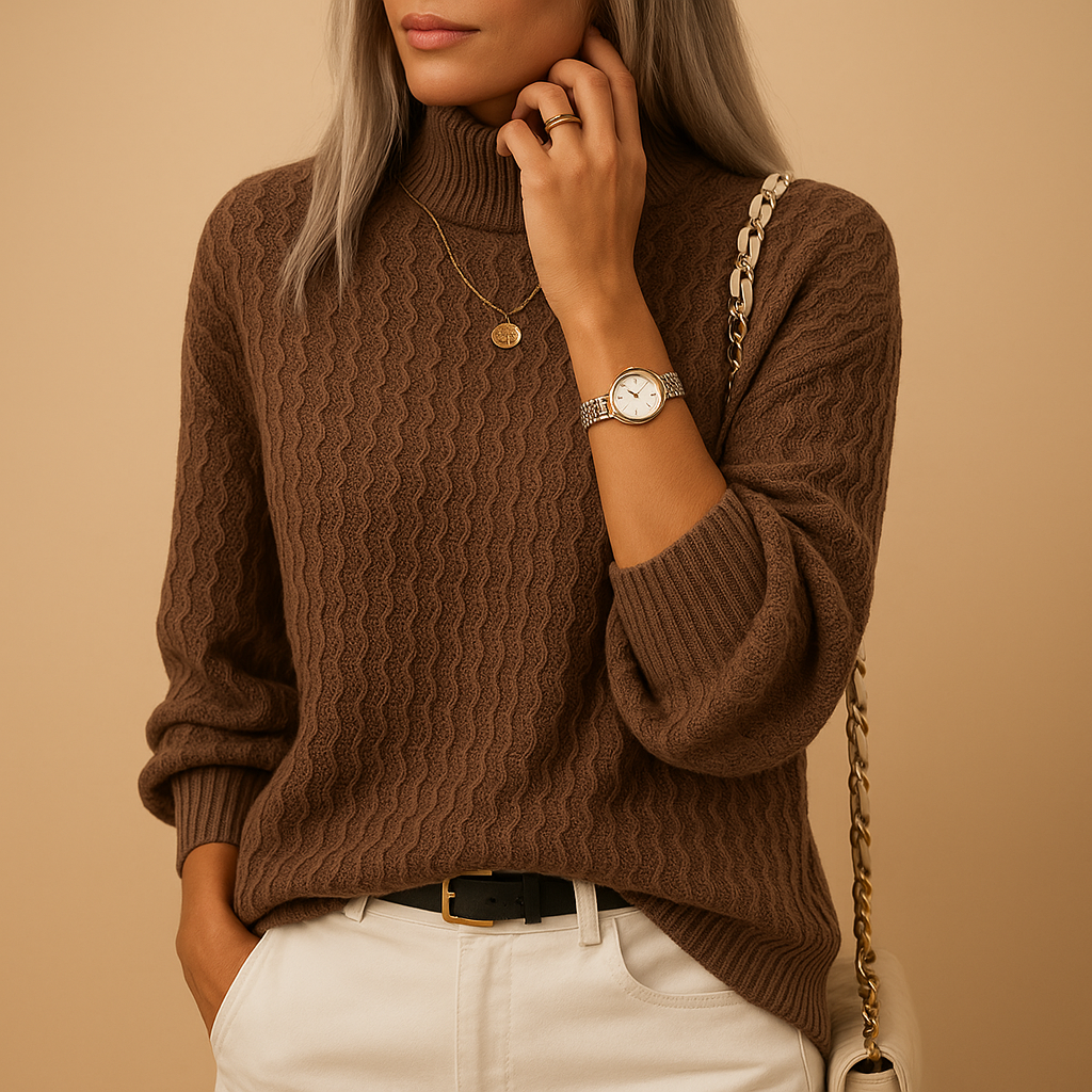 Stijlvolle coltrui gebreide trui voor dames in zachte abrikoos- en koffietinten, ideaal voor casual en formele looks.