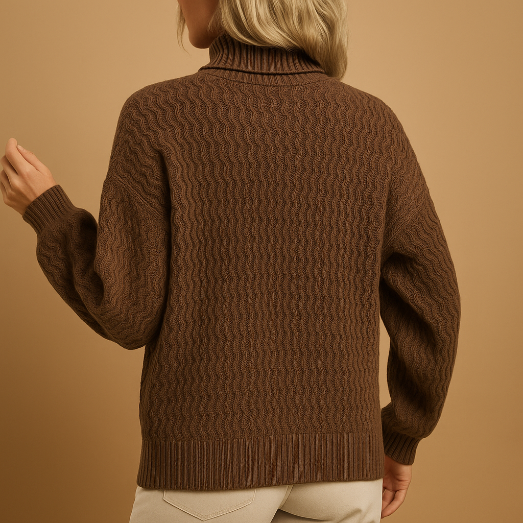 Stijlvolle coltrui gebreide trui voor dames in zachte abrikoos- en koffietinten, ideaal voor casual en formele looks.