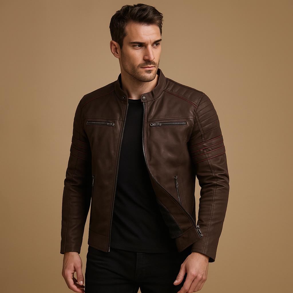 Stoer bikerjack voor heren van premium kwaliteit met tijdloos design, weerbestendig materiaal en comfortabele pasvorm voor motorritten en casual gebruik.