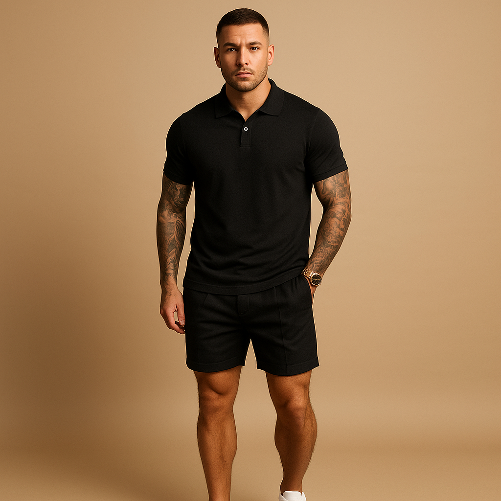 Streetwear set voor heren met ademend shirt en short in moderne stijl, perfect voor ontspannen dagen en stedelijke outfits.