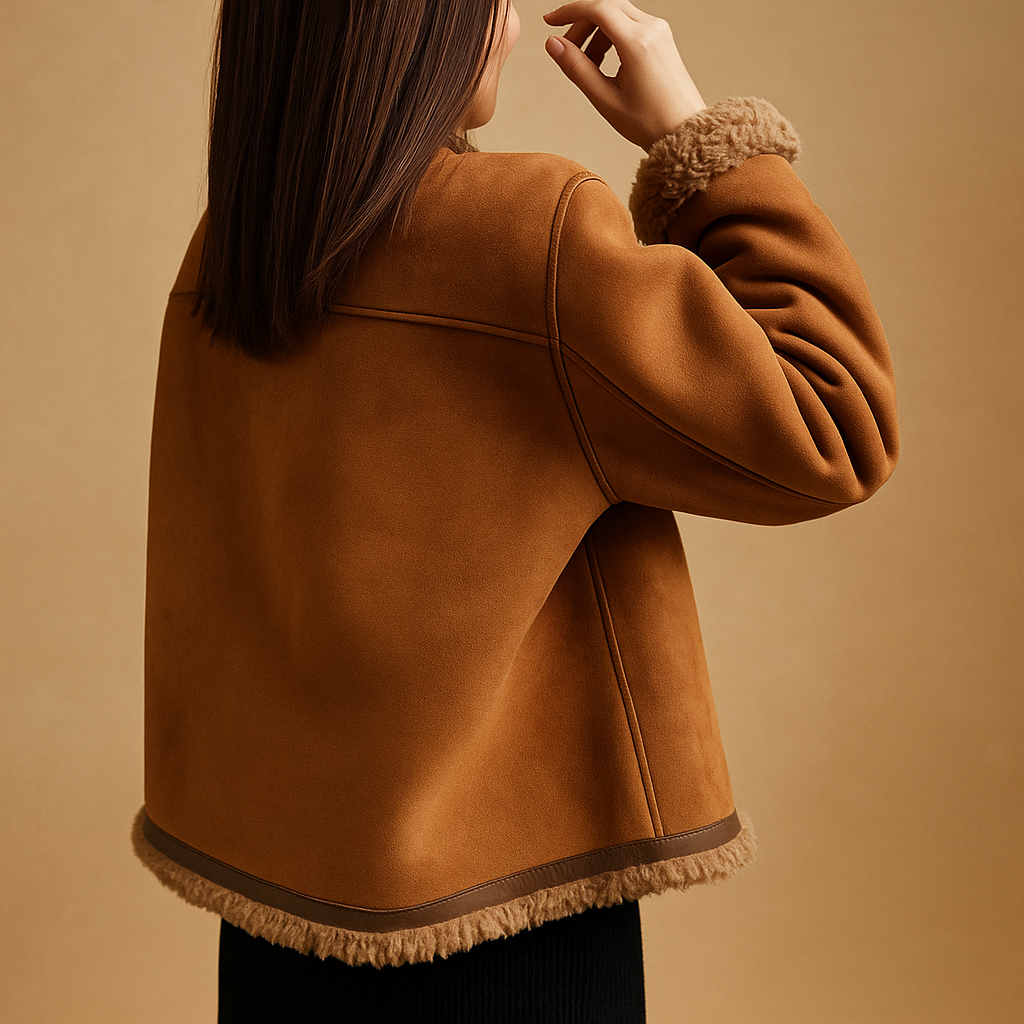 Suède fleece gevoerd jack voor dames met pluche binnenvoering en elegante buitenkant. Perfect voor herfst, winter en casual chique gelegenheden.