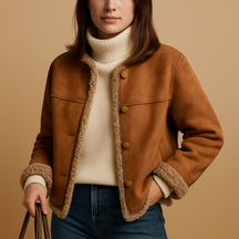 Suède fleece gevoerd jack voor dames met pluche binnenvoering en elegante buitenkant. Perfect voor herfst, winter en casual chique gelegenheden.