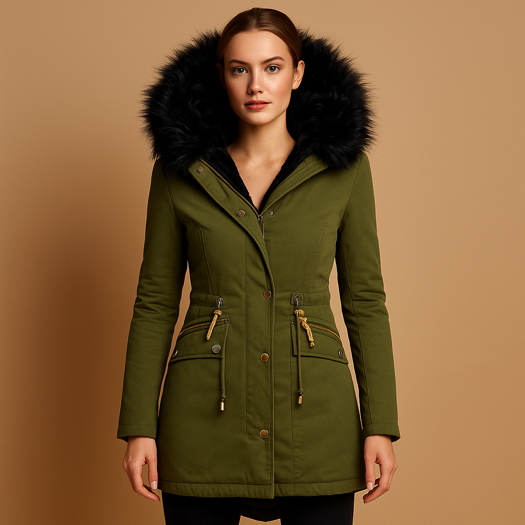 Thermo winterjas voor dames met imitatiebont capuchon, verstelbaar koord en rits-knoopsluiting. Ideaal voor koude dagen, buitenactiviteiten en casual looks.