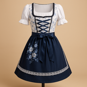 Oktoberfest-jurk voor dames in blauw met kanten details en klassiek schort, perfect voor traditionele feestgelegenheden.
