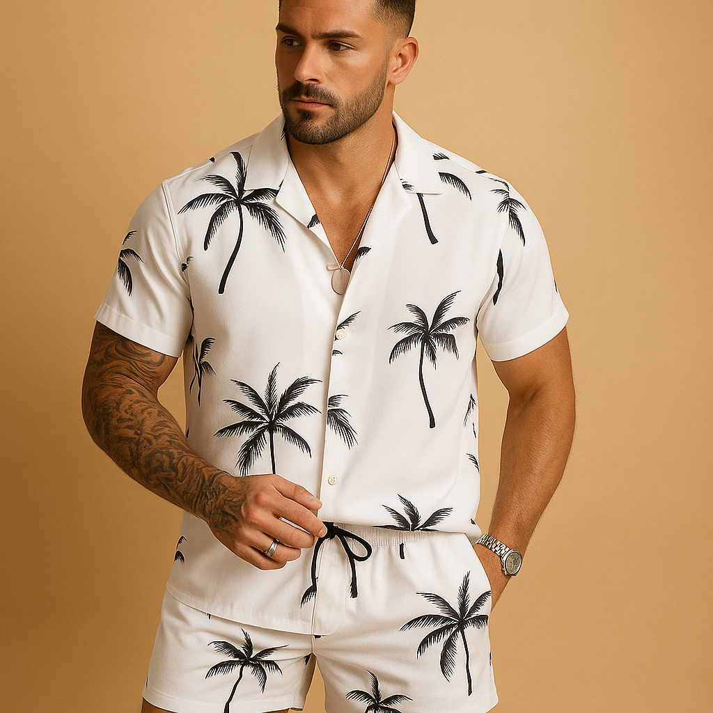 Zomerset voor heren met tropische palmbomen- en verenprint, perfect voor zonnige vakantiedagen en zomerse uitstapjes.
