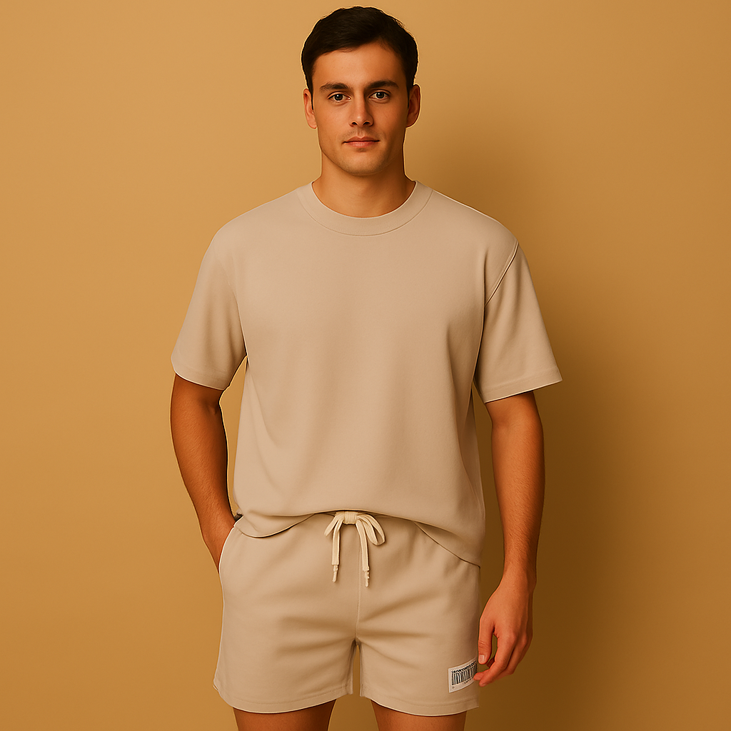 Herenset met T-shirt en korte broek in minimalistisch design, perfect voor loungen, thuisgebruik of zomerse uitstapjes.