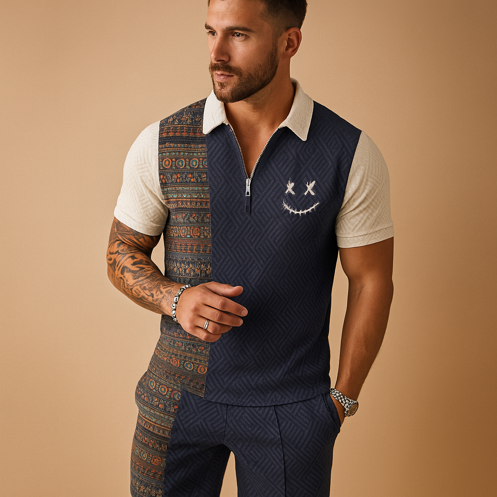 Heren zomerset met vintage polo en korte broek met zakken, ideaal voor warme dagen, vakanties en vrijetijdskleding.