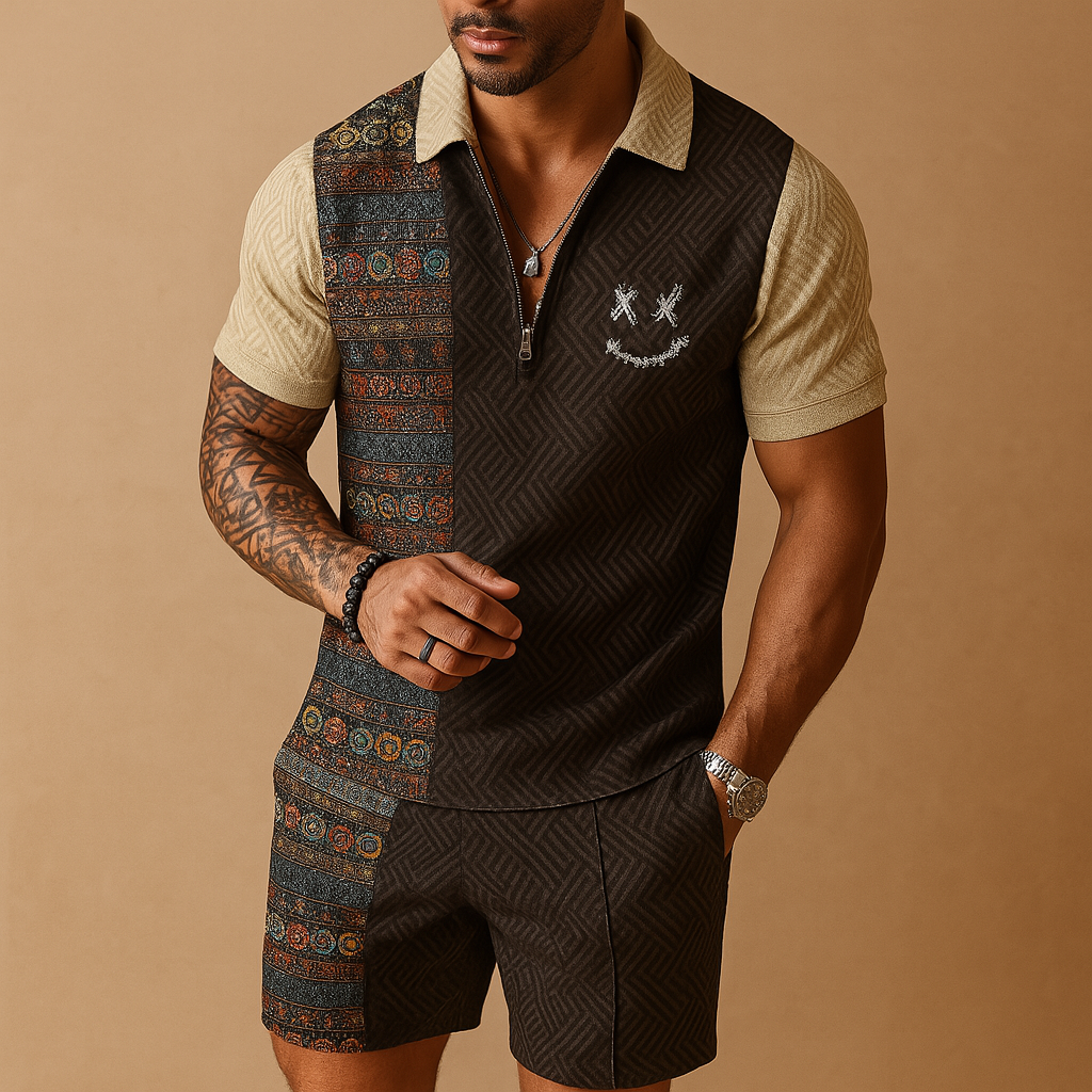 Heren zomerset met vintage polo en korte broek met zakken, ideaal voor warme dagen, vakanties en vrijetijdskleding.