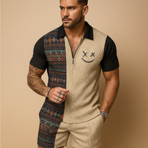Heren zomerset met vintage polo en korte broek met zakken, ideaal voor warme dagen, vakanties en vrijetijdskleding.