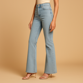 Uitlopende jeans met hoge taille voor dames in stretchdenim, ideaal voor casual en elegante outfits.