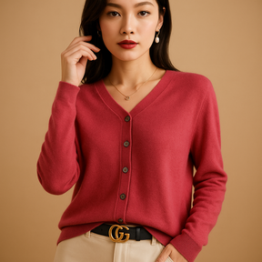 Elegante damescardigan met V-hals, knoopsluiting en lange mouwen, perfect voor laagjes en winterse outfits.