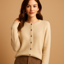 Elegante damescardigan met V-hals, knoopsluiting en lange mouwen, perfect voor laagjes en winterse outfits.
