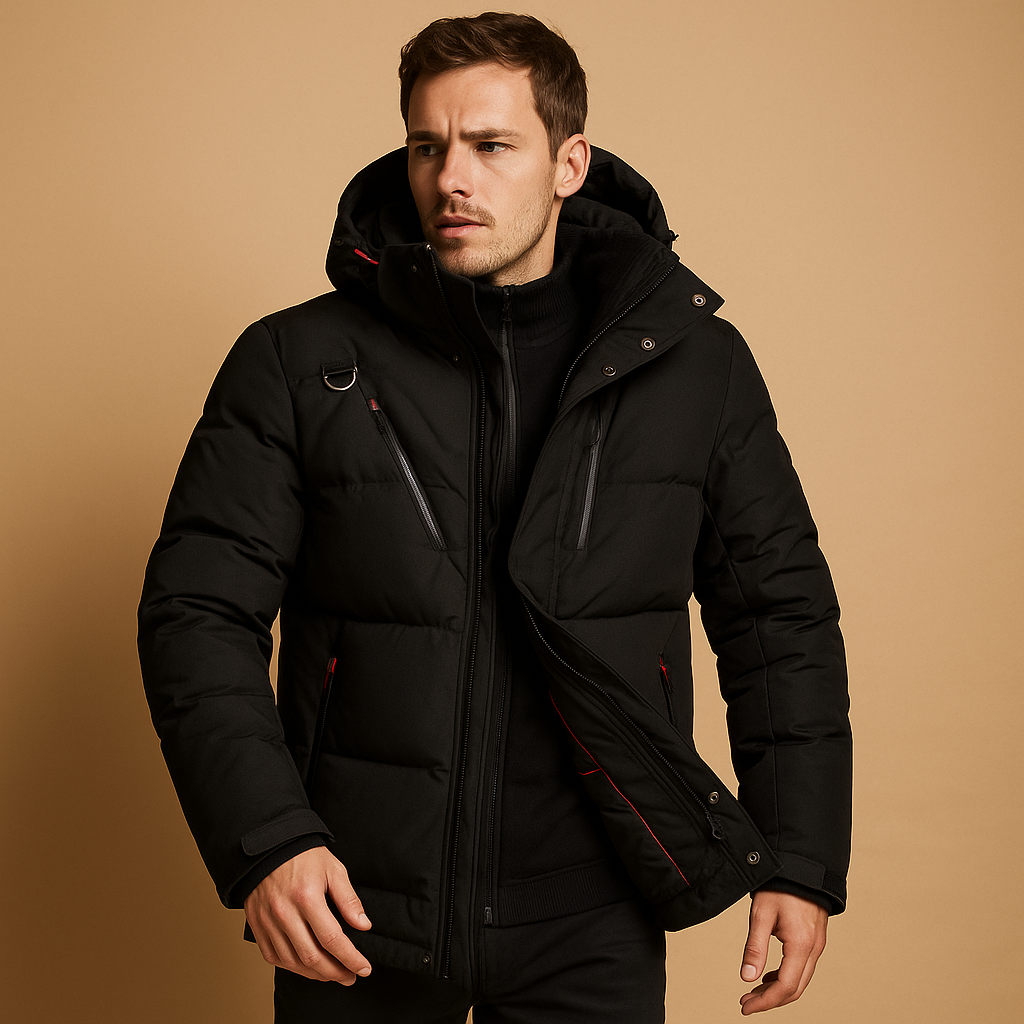 Warme donsparka voor heren met 90% donsisolatie, regular fit en afneembare capuchon, ideaal voor koude winterdagen en outdooractiviteiten.