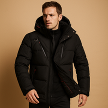 Warme donsparka voor heren met 90% donsisolatie, regular fit en afneembare capuchon, ideaal voor koude winterdagen en outdooractiviteiten.