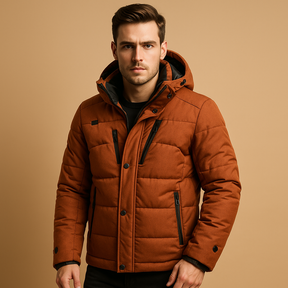 Warme donsparka voor heren met 90% donsisolatie, regular fit en afneembare capuchon, ideaal voor koude winterdagen en outdooractiviteiten.