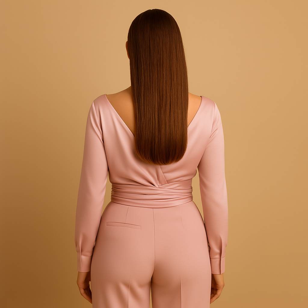 Roze wikkelblouse met lange mouwen en taille-strik voor dames, perfect voor formele en stijlvolle dagelijkse outfits