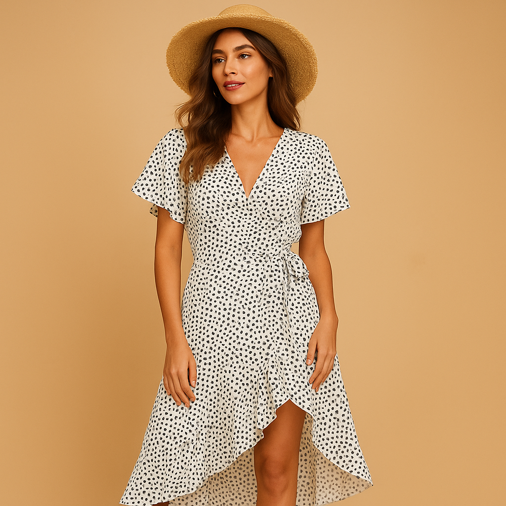Dames wikkeljurk met V-hals, asymmetrische rok en speelse print. Ideaal voor zomerse uitjes en tuinfeesten.