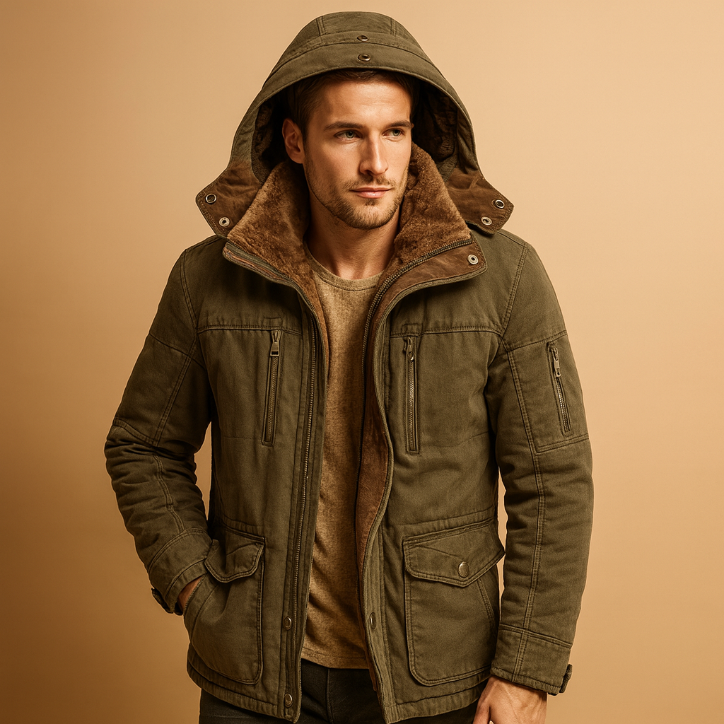 Warme heren winter jas met capuchon, tijdloos design en dikke voering, ideaal voor koude dagen en outdoor-activiteiten.