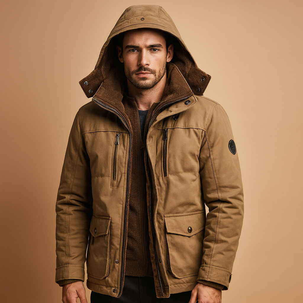 Warme heren winter jas met capuchon, tijdloos design en dikke voering, ideaal voor koude dagen en outdoor-activiteiten.