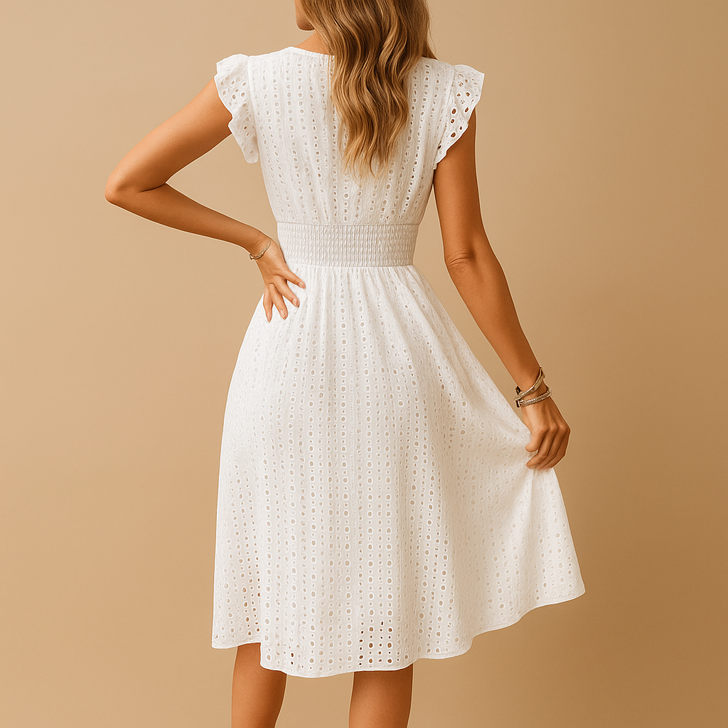 Witte zomerjurk voor dames met ruches en midi-lengte, perfect voor zomerse dagen, vakanties en feestelijke gelegenheden.