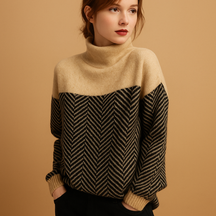 Zachte gebreide damestrui met uniek visgraatpatroon en hoge halslijn, perfect voor casual, werk- en laagjeslooks in elk seizoen.