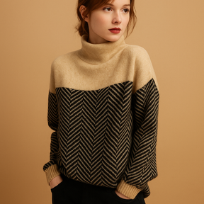 Zachte gebreide damestrui met uniek visgraatpatroon en hoge halslijn, perfect voor casual, werk- en laagjeslooks in elk seizoen.