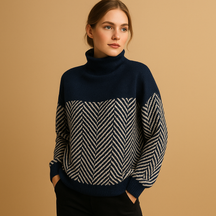 Zachte gebreide damestrui met uniek visgraatpatroon en hoge halslijn, perfect voor casual, werk- en laagjeslooks in elk seizoen.