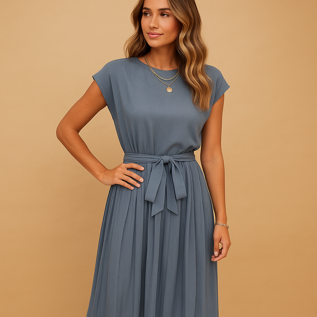 Luchtige dames zomerjurk met elegante snit en getailleerde pasvorm, geschikt voor zomerse dagen, feestjes en vakanties.