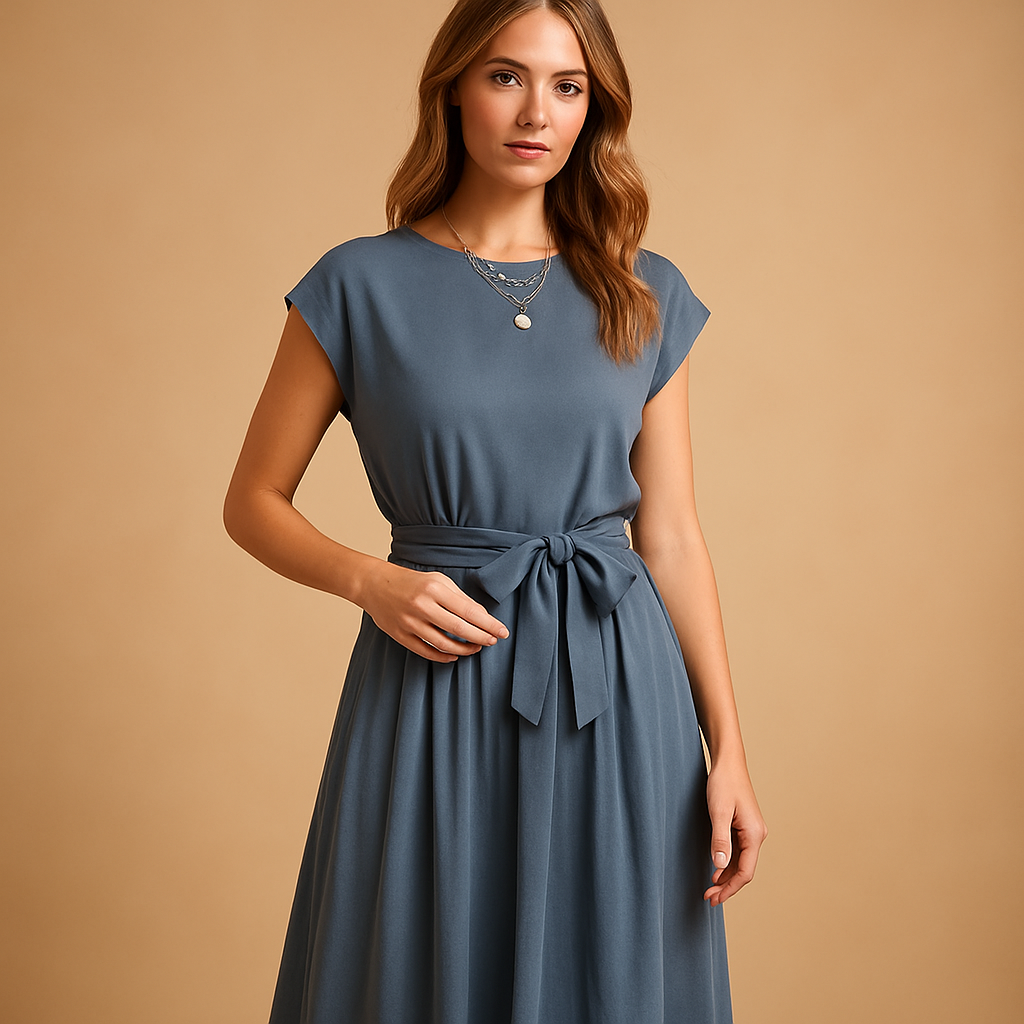 Luchtige dames zomerjurk met elegante snit en getailleerde pasvorm, geschikt voor zomerse dagen, feestjes en vakanties.