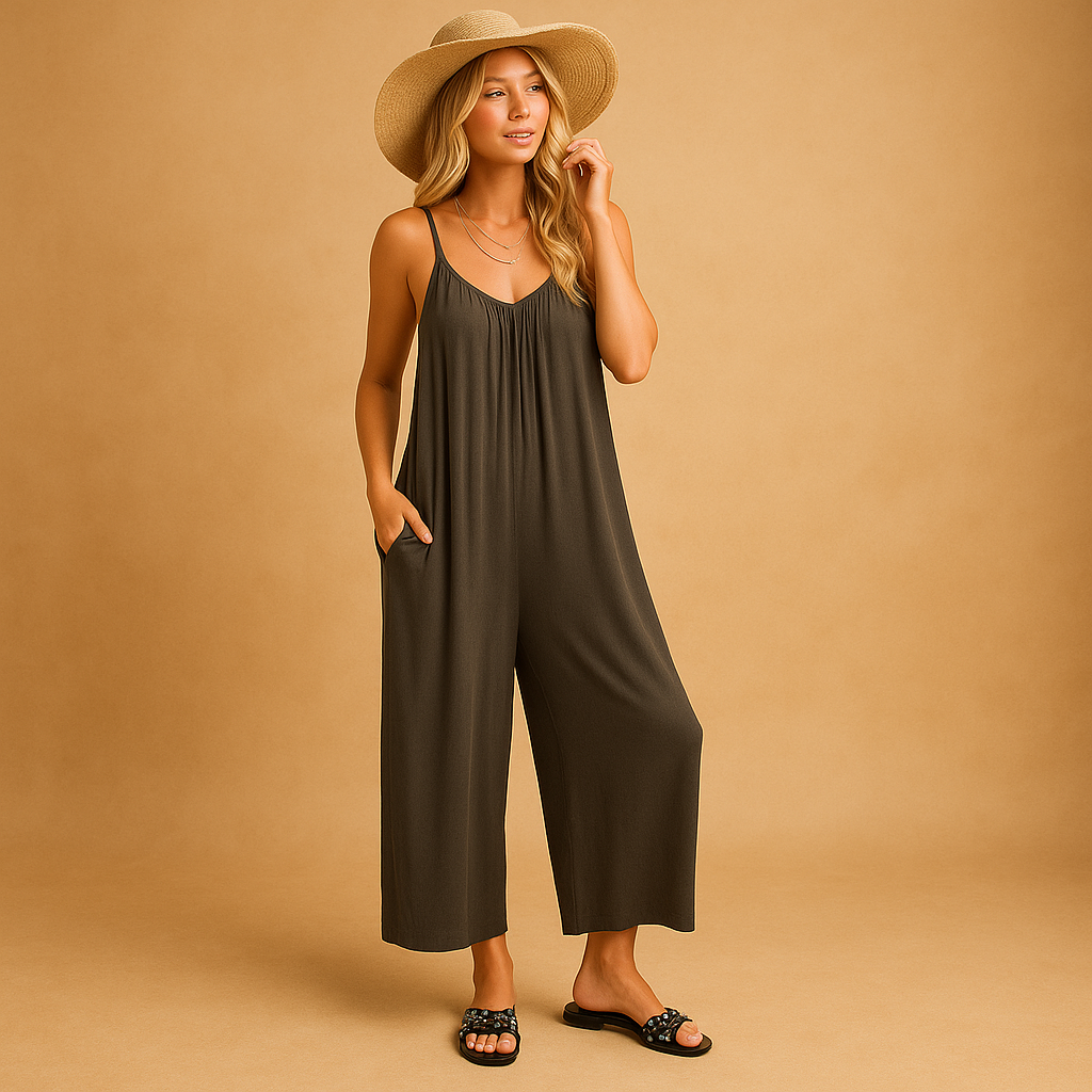 Zomerse dames jumpsuit met verstelbare bandjes, mouwloos en losvallend ontwerp, perfect voor vakantie, feestjes of een warme zomerdag.