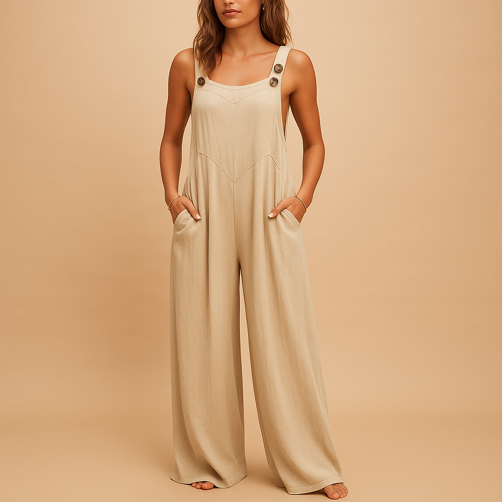 Zomerse damesjumpsuit met hoge taille, wijde pijpen en knoopsluiting, ideaal voor casual dagen en avondjes uit.