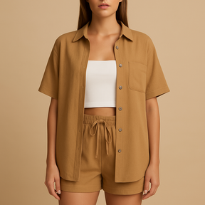 Tweedelige zomerset voor dames met half-lang vest en drawstring short – ideaal voor loungen, strand of vrije tijd