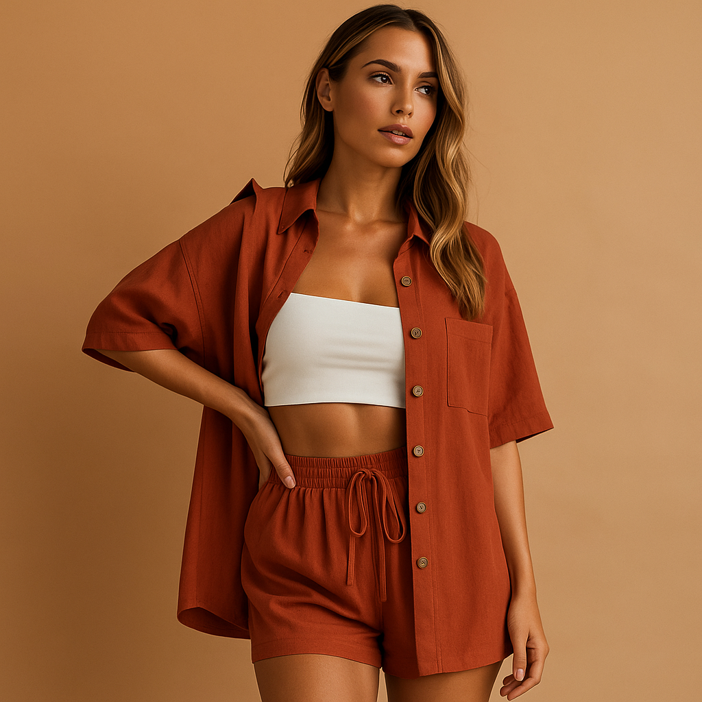 Tweedelige zomerset voor dames met half-lang vest en drawstring short – ideaal voor loungen, strand of vrije tijd